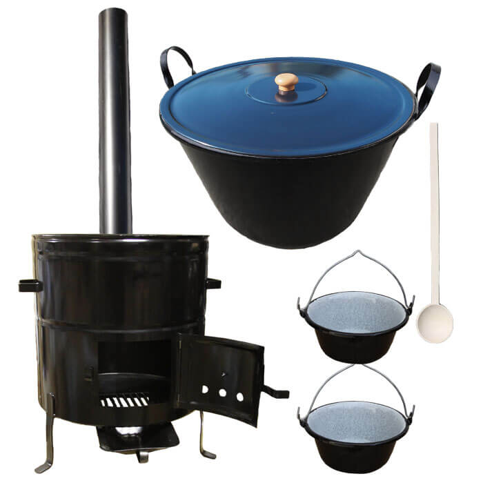 Zabíjačkový smaltovaný kotol 80 L + kovová kotlina 58 cm + 2 servírovacie kotlíky