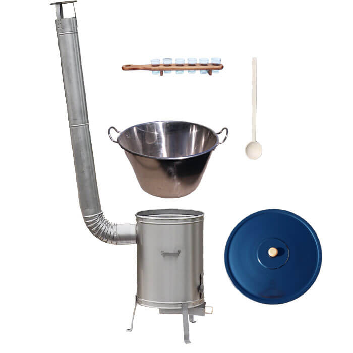 Zabíjačkový nerezový kotol 60 L + nerezová kotlina 53 cm + štamperlíky